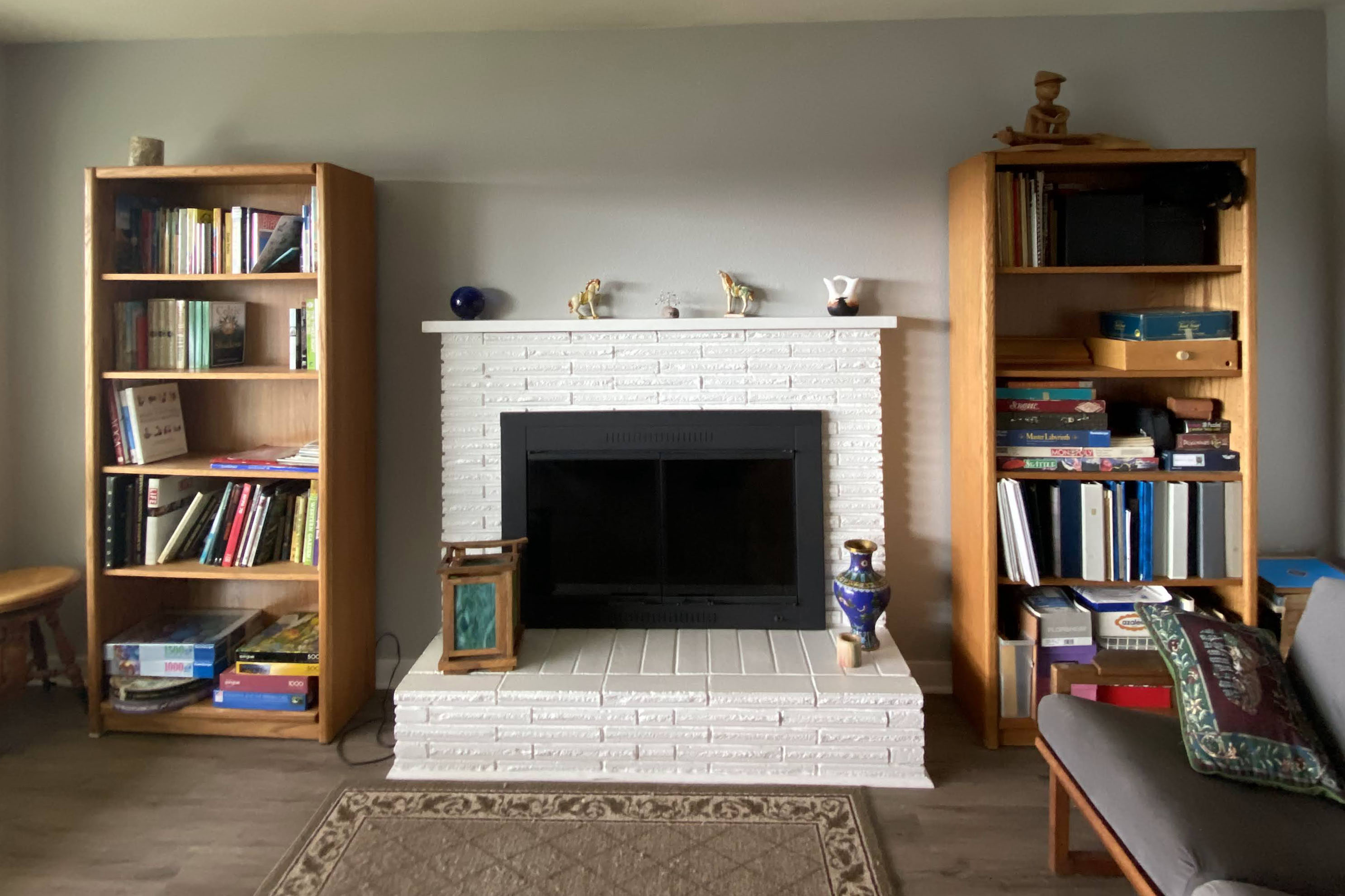 Stone Fireplace & Golden Oak Bookcases
