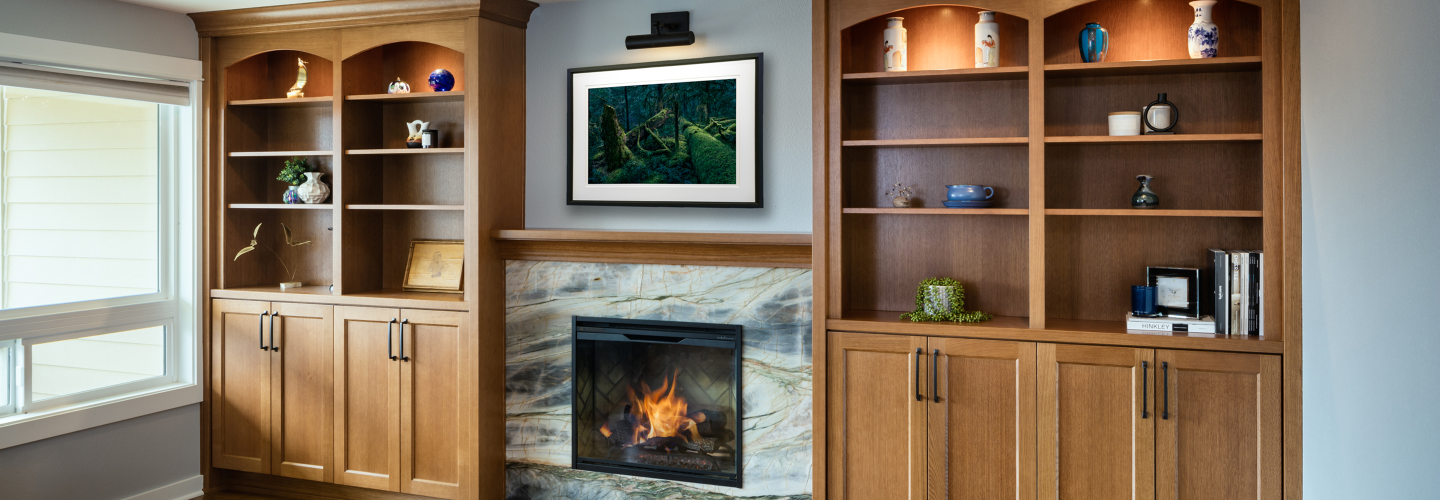 Stone Fireplace & Golden Oak Bookcases
