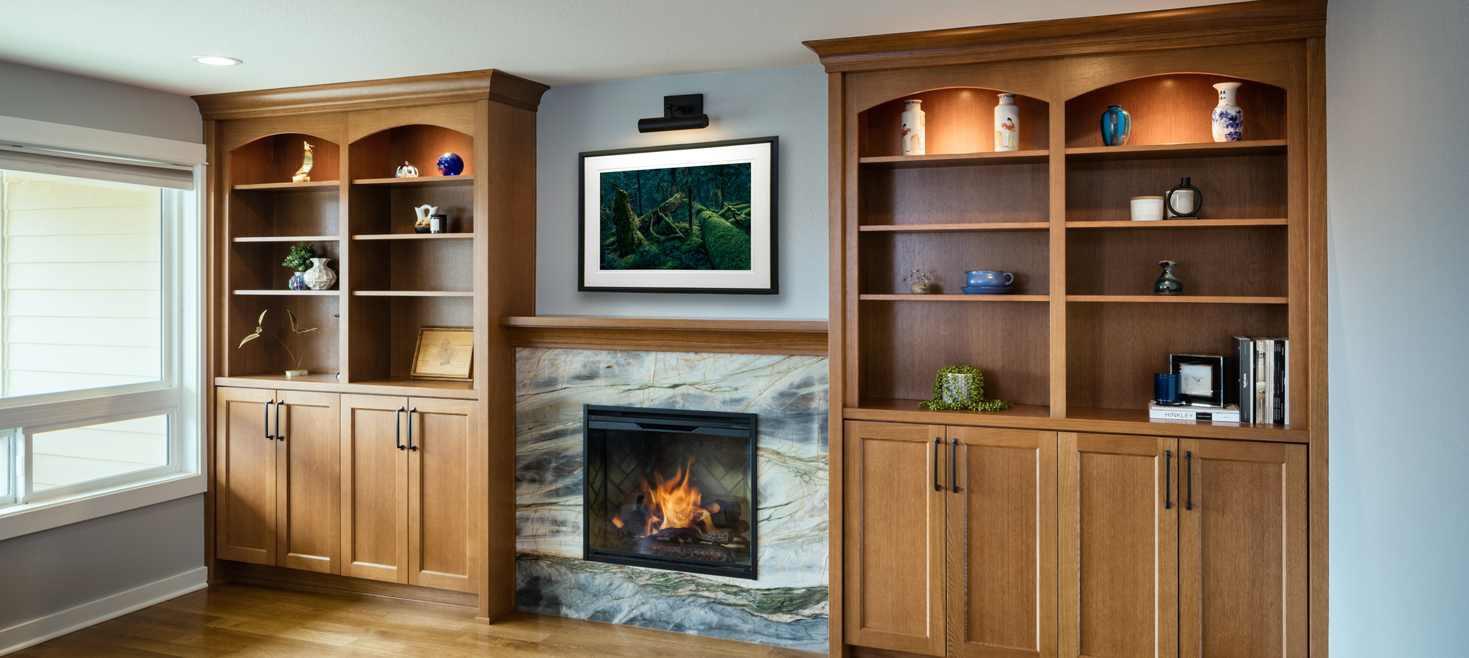 Stone Fireplace & Golden Oak Bookcases