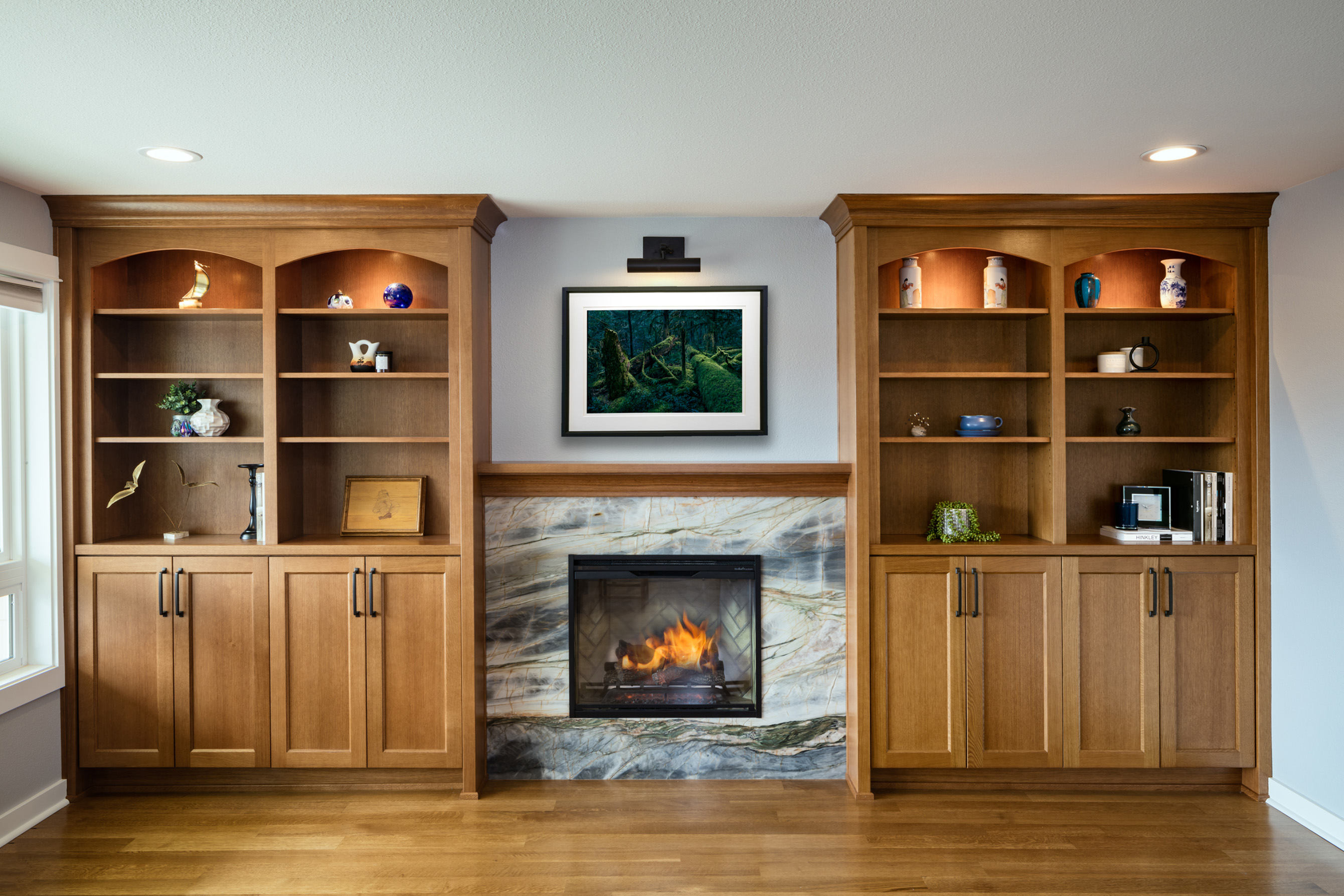 Stone Fireplace & Golden Oak Bookcases