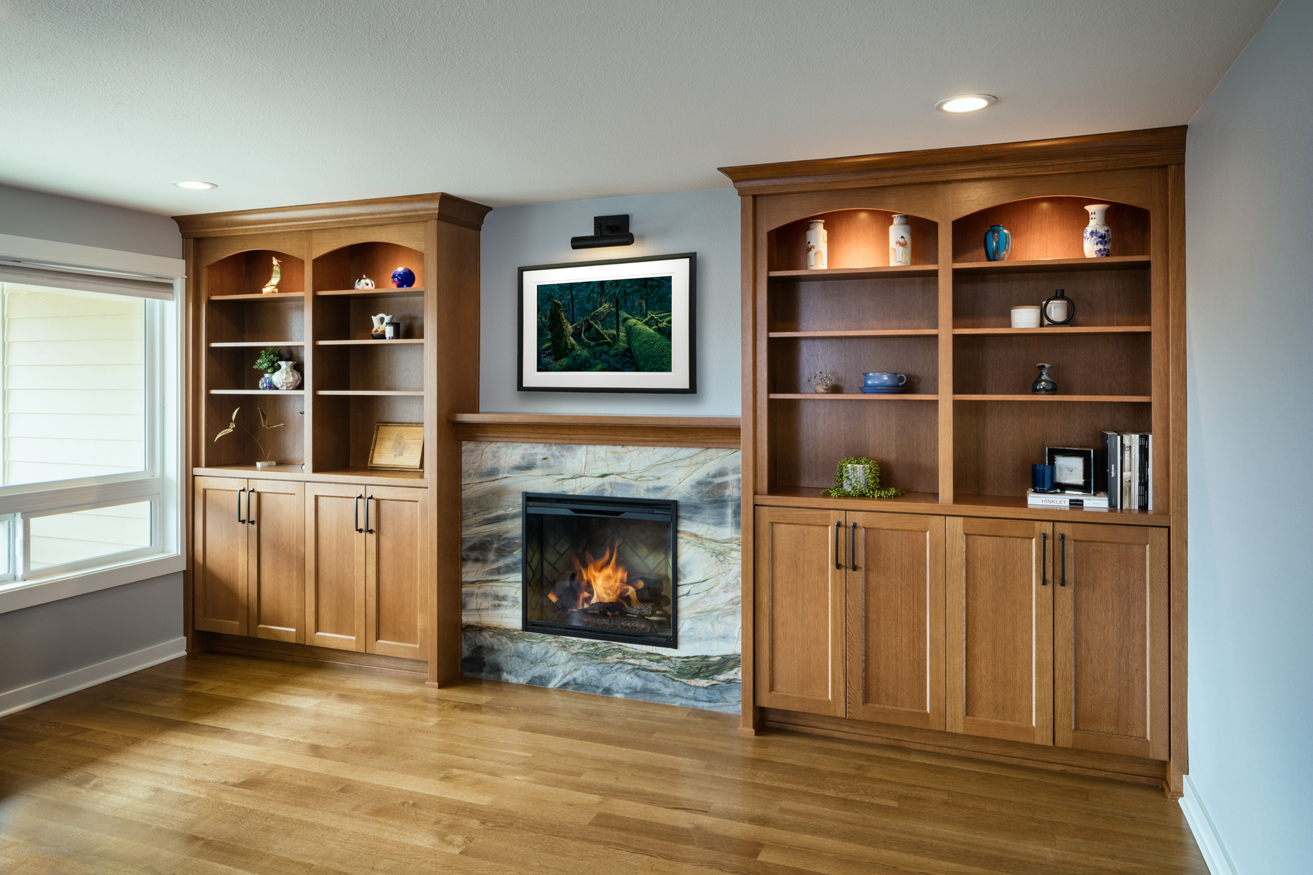 Stone Fireplace & Golden Oak Bookcases