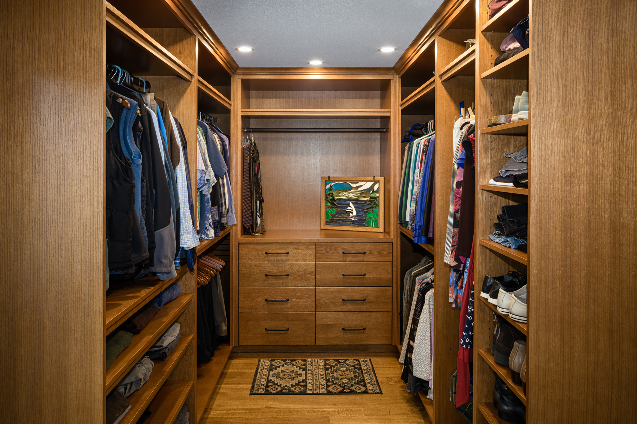 Stone Fireplace & Golden Oak Bookcases