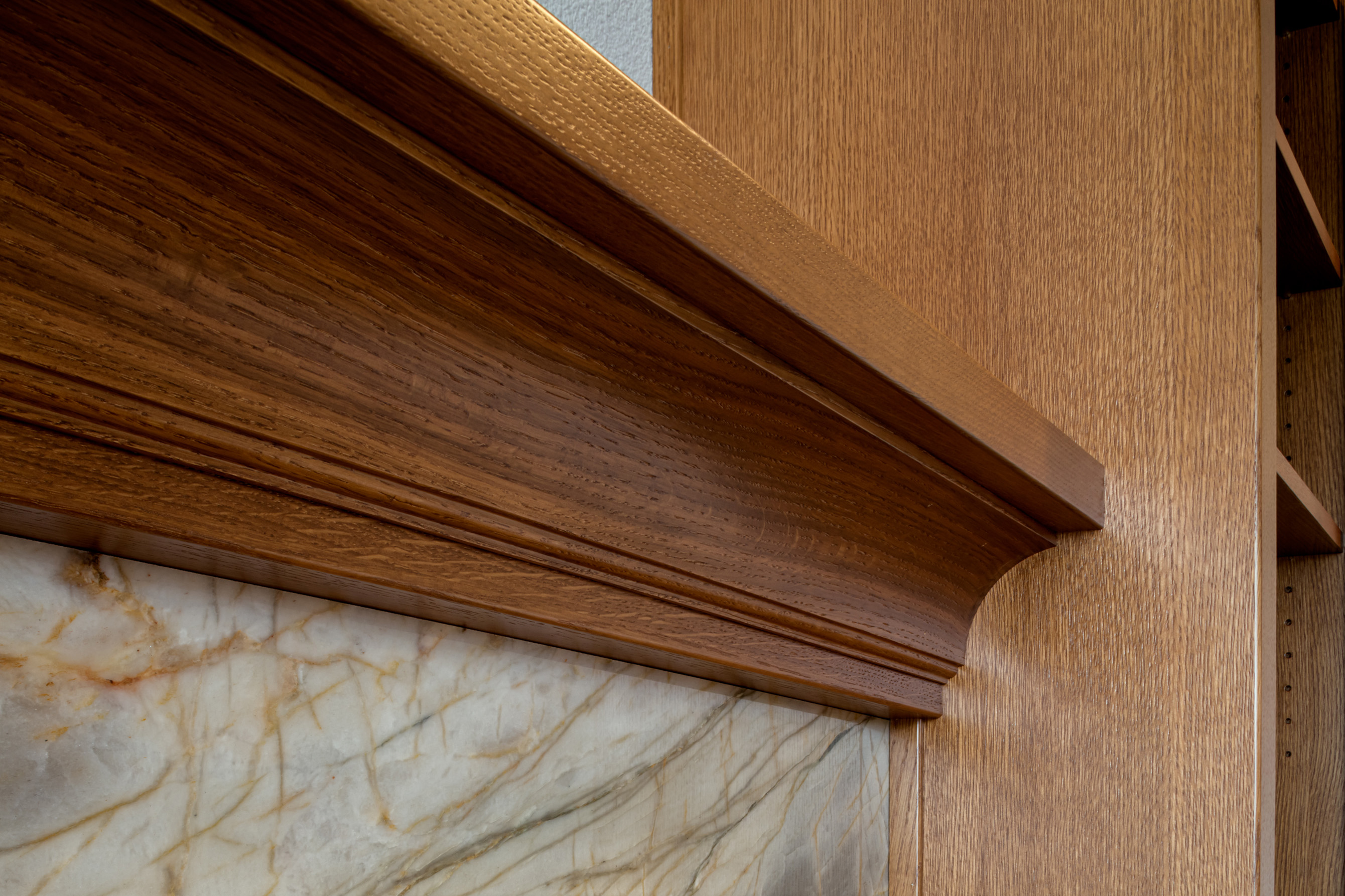 Stone Fireplace & Golden Oak Bookcases