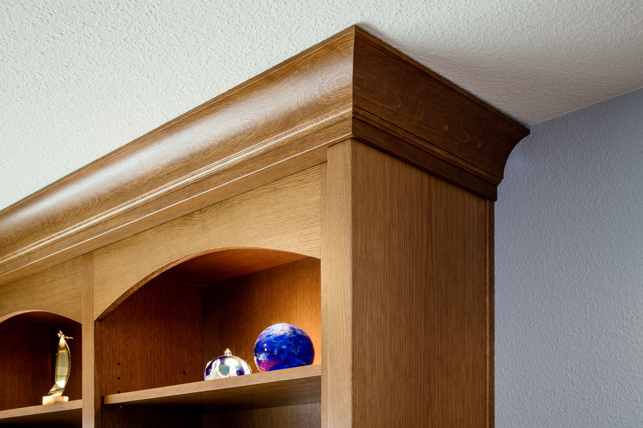 Stone Fireplace & Golden Oak Bookcases